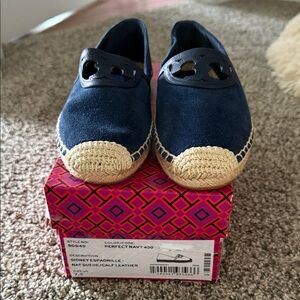 Navy Espadrille Flats with Woven Toe by Tory Burch